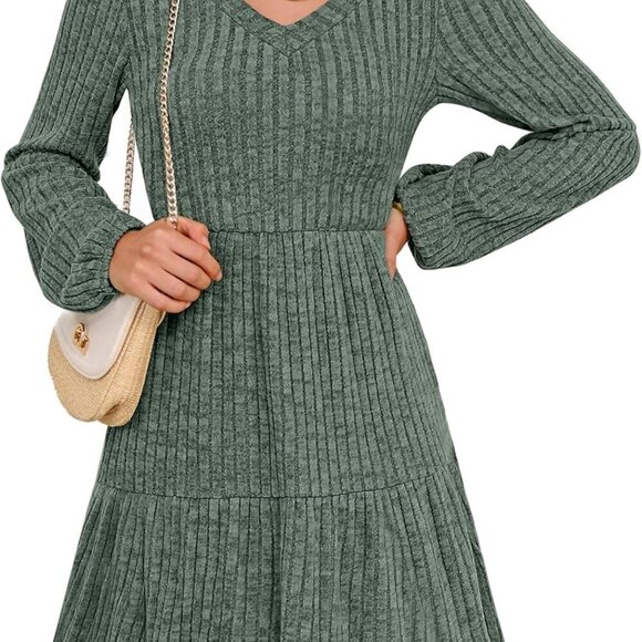 Dresses & Skirts - Women's Ribbed Knit Dress Long Lantern Sleeve V Neck Casual Fall Winter